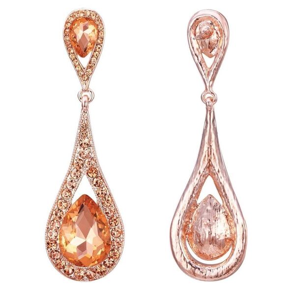 Rose Gold with Peach Morganite Austrian Crystal Dual Dangling Teardrop Earrings - Picture 4 of 5